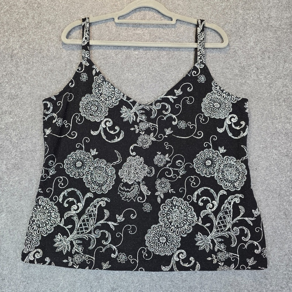Alex Evenings Tank Top Womens XL Black White Floral nylon Stretch V Neck Casual